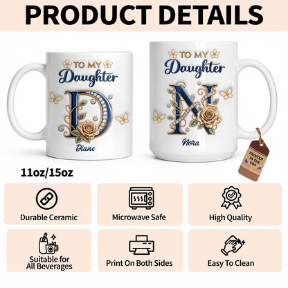 Personalisiert für meine Tochter: Marineblaue Initiale & Champagner-Rose Keramiktasse – Individuelles Namensgeschenk von Mama an Tochter