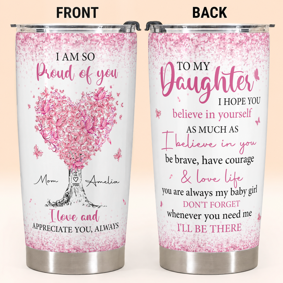 Personalized To My Daughter 20oz Premium Stainless Steel Tumbler – Pink Heart Tree Custom Names Gift For Daughter