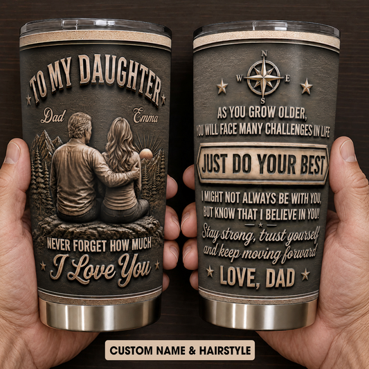 Personalized To My Daughter 20oz Premium Stainless Steel Tumbler – Vintage Leather Dad & Daughter Mountain Scene Custom Names Gift For Daughter
