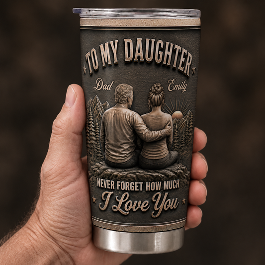 Personalized To My Daughter 20oz Premium Stainless Steel Tumbler – Vintage Leather Dad & Daughter Mountain Scene Custom Names Gift For Daughter