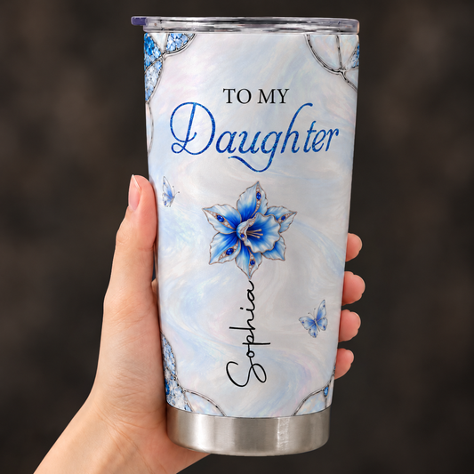 Personalized To My Daughter 20oz Premium Stainless Steel Tumbler – Blue Sapphire Jewel Peony Amazing Woman Precious Daughter Custom Name Gift For Daughter