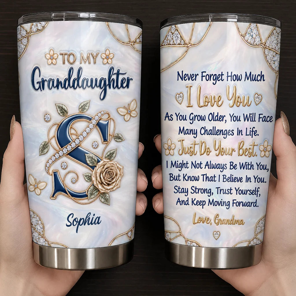 Personalized To My Granddaughter Navy Initial & Champagne Rose 20oz Tumbler – Custom Name Gift for Granddaughter
