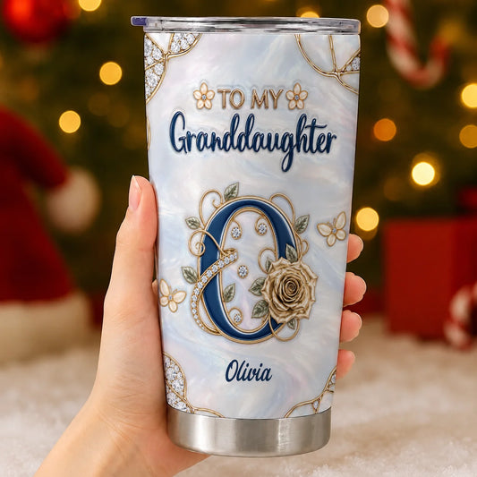 Personalisiert für meine Enkelin Navy-Initialen & Champagner-Rose 590-ml-Becher – Individuelles Namensgeschenk für die Enkelin