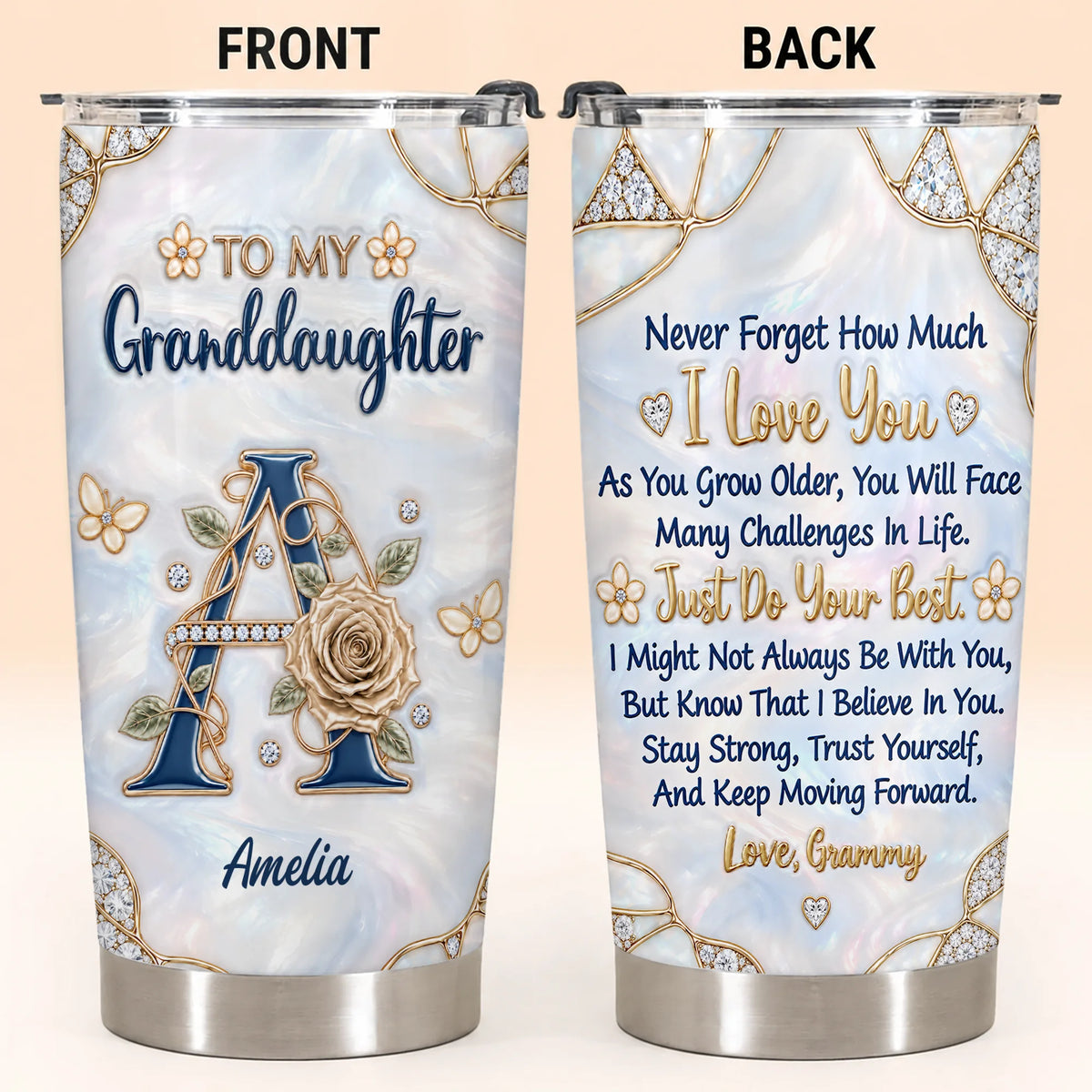 Personalized To My Granddaughter Navy Initial & Champagne Rose 20oz Tumbler – Custom Name Gift for Granddaughter
