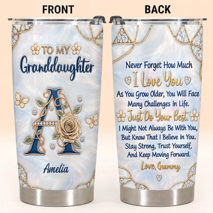 Personalized To My Granddaughter Navy Initial & Champagne Rose 20oz Tumbler – Custom Name Gift for Granddaughter