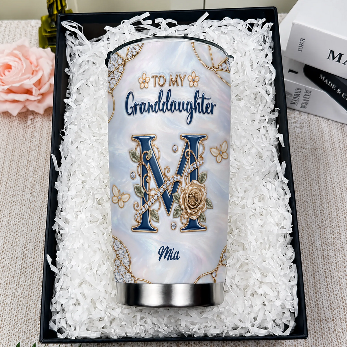 Personalized To My Granddaughter Navy Initial & Champagne Rose 20oz Tumbler – Custom Name Gift for Granddaughter