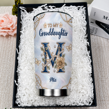 Personalized To My Granddaughter Navy Initial & Champagne Rose 20oz Tumbler – Custom Name Gift for Granddaughter
