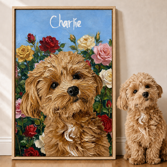 Personalized Dog Portrait Canvas, Custom Pet Photo Floral Art