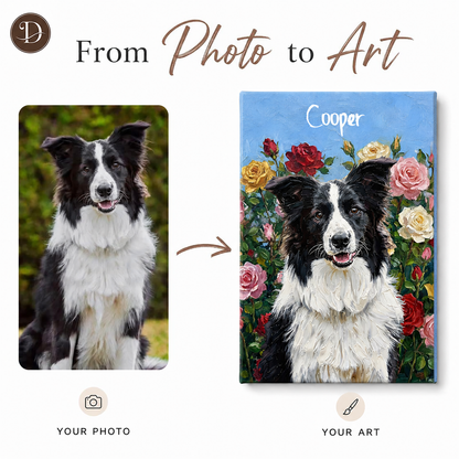 Personalized Dog Portrait Canvas, Custom Pet Photo Floral Art