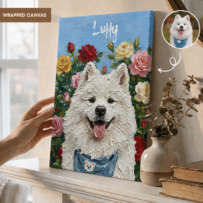 Personalized Dog Portrait Canvas, Custom Pet Photo Floral Art