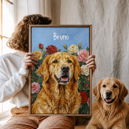 Personalized Dog Portrait Canvas, Custom Pet Photo Floral Art