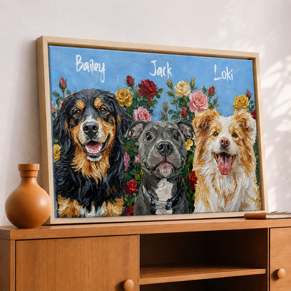 Personalized Dog Portrait Canvas, Custom Pet Photo Floral Art