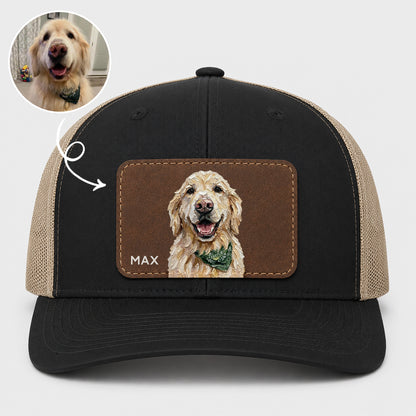 Personalized Dog Portrait Leather Patch Trucker Cap, Custom Pet Photo Snapback, Dog Lover Gift
