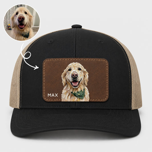 Personalized Dog Portrait Leather Patch Trucker Cap, Custom Pet Photo Snapback, Dog Lover Gift