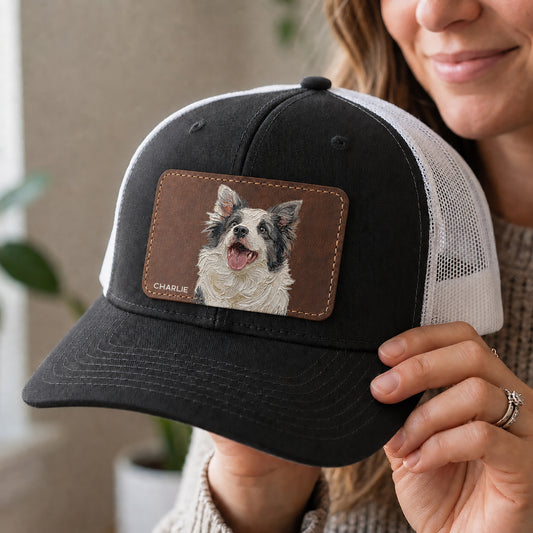 Personalized Dog Portrait Leather Patch Trucker Cap, Custom Pet Photo Snapback, Dog Lover Gift