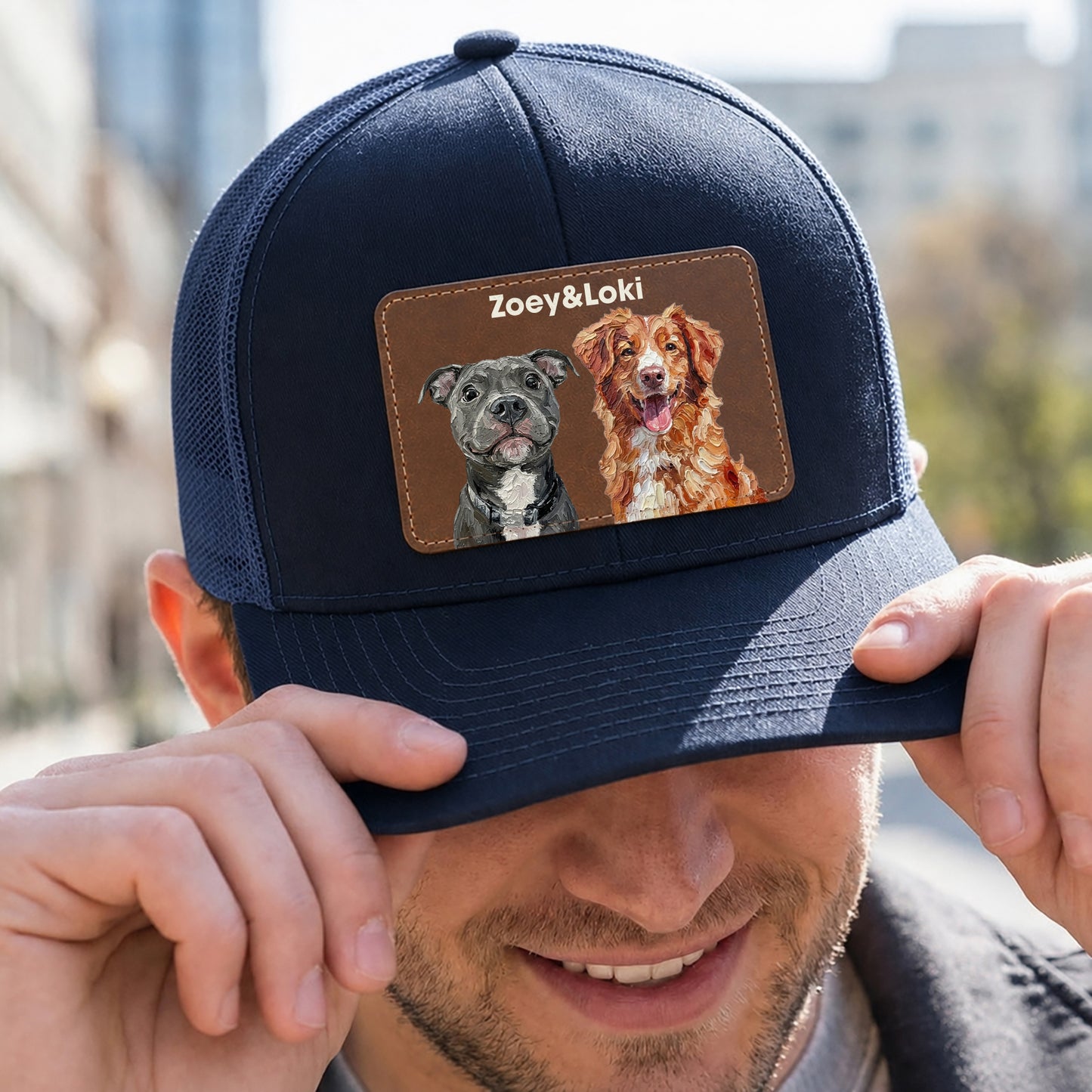 Personalized Dog Portrait Leather Patch Trucker Cap, Custom Pet Photo Snapback, Dog Lover Gift