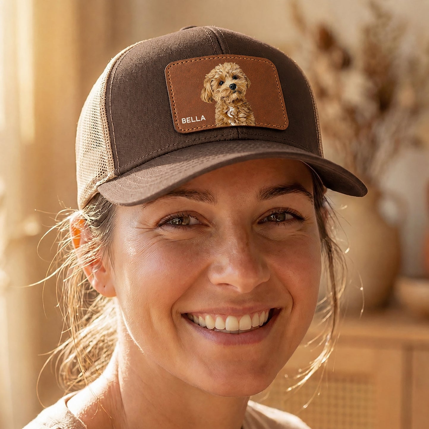 Personalized Dog Portrait Leather Patch Trucker Cap, Custom Pet Photo Snapback, Dog Lover Gift
