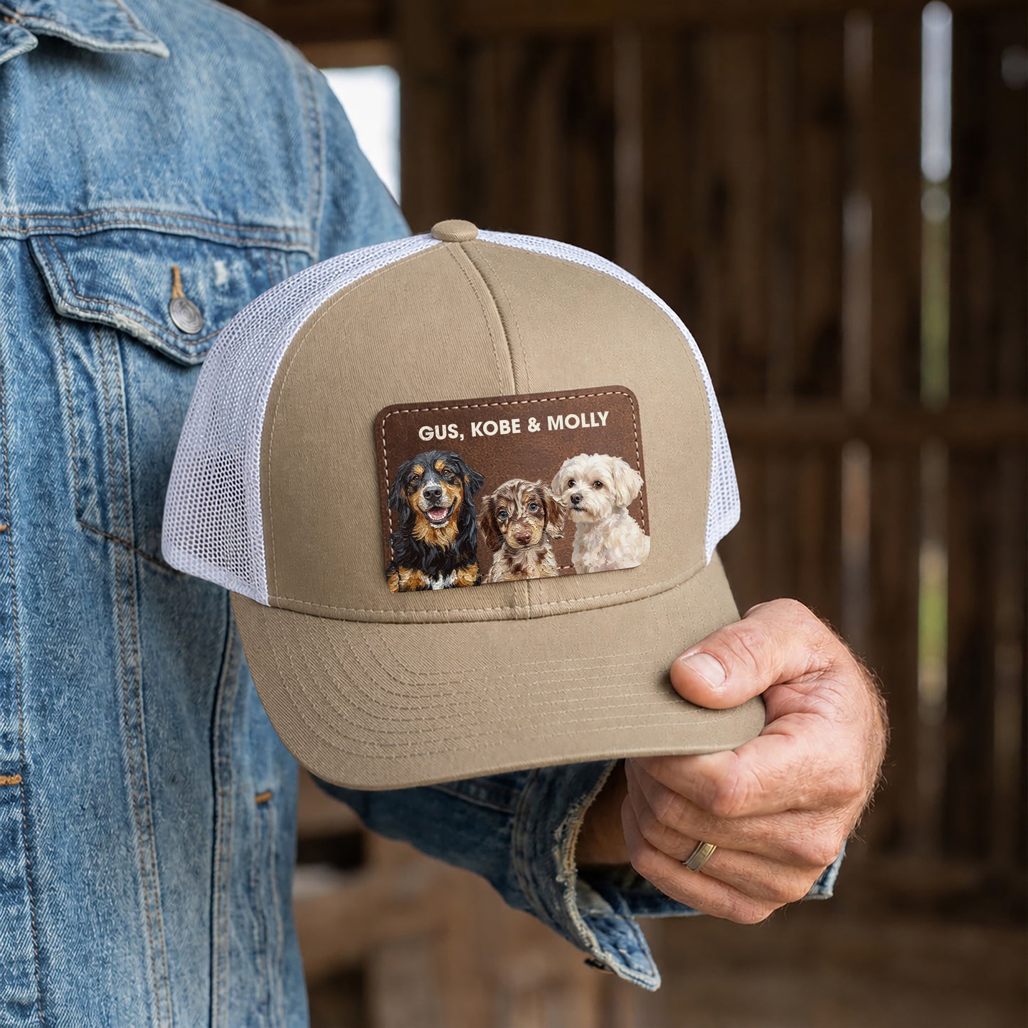 Personalized Dog Portrait Leather Patch Trucker Cap, Custom Pet Photo Snapback, Dog Lover Gift
