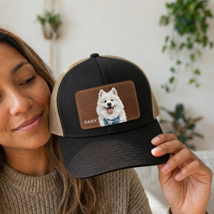 Personalized Dog Portrait Leather Patch Trucker Cap, Custom Pet Photo Snapback, Dog Lover Gift