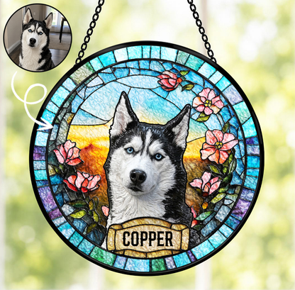 Personalized Dog Portrait Stained Glass Suncatcher, Custom Pet Photo Window Decor Gift for Dog Lovers