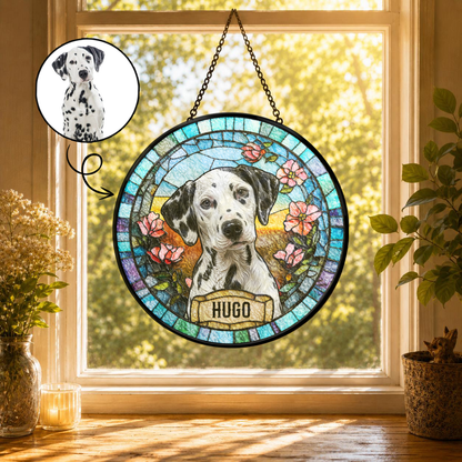 Personalized Dog Portrait Stained Glass Suncatcher, Custom Pet Photo Window Decor Gift for Dog Lovers