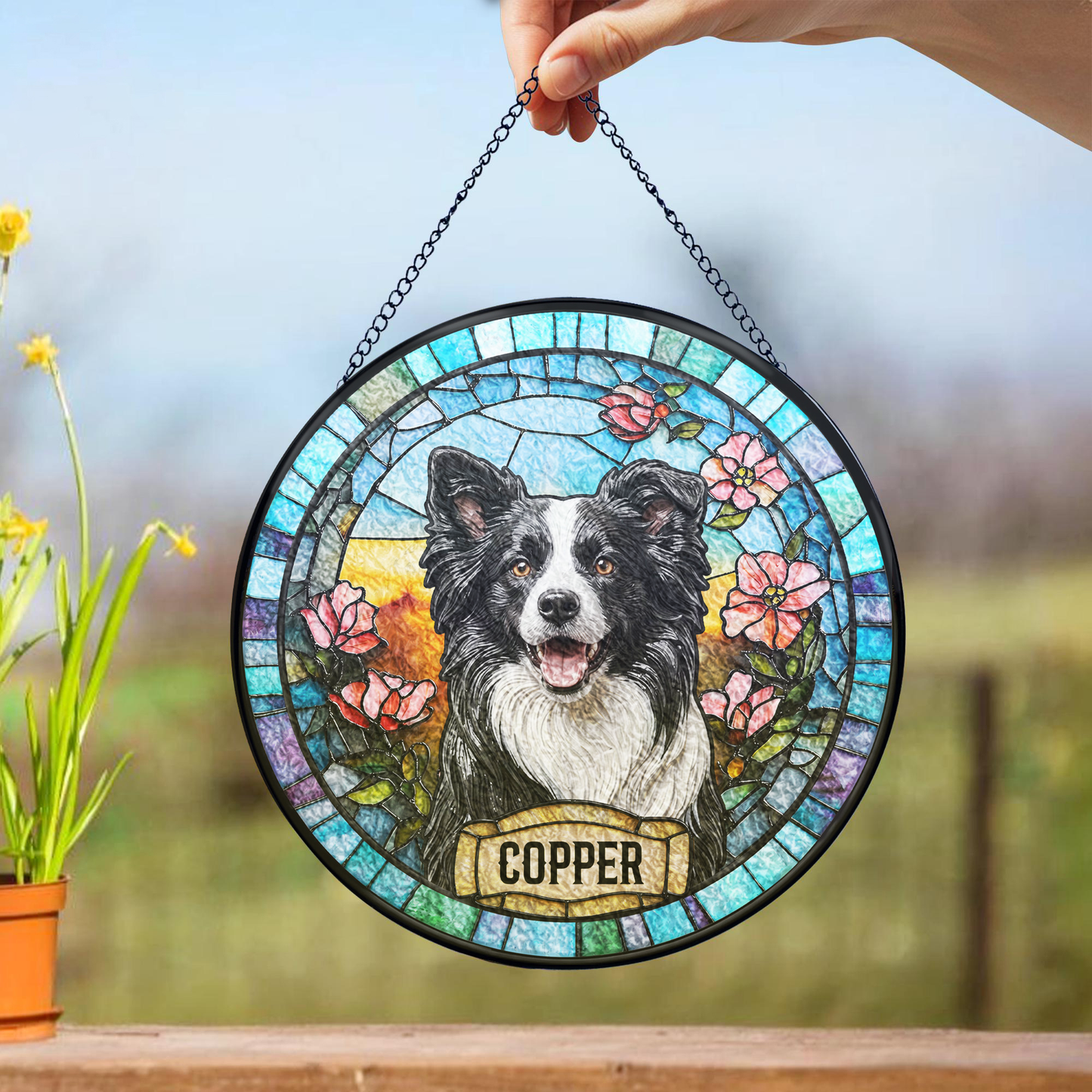 Personalized Dog Portrait Stained Glass Suncatcher, Custom Pet Photo Window Decor Gift for Dog Lovers