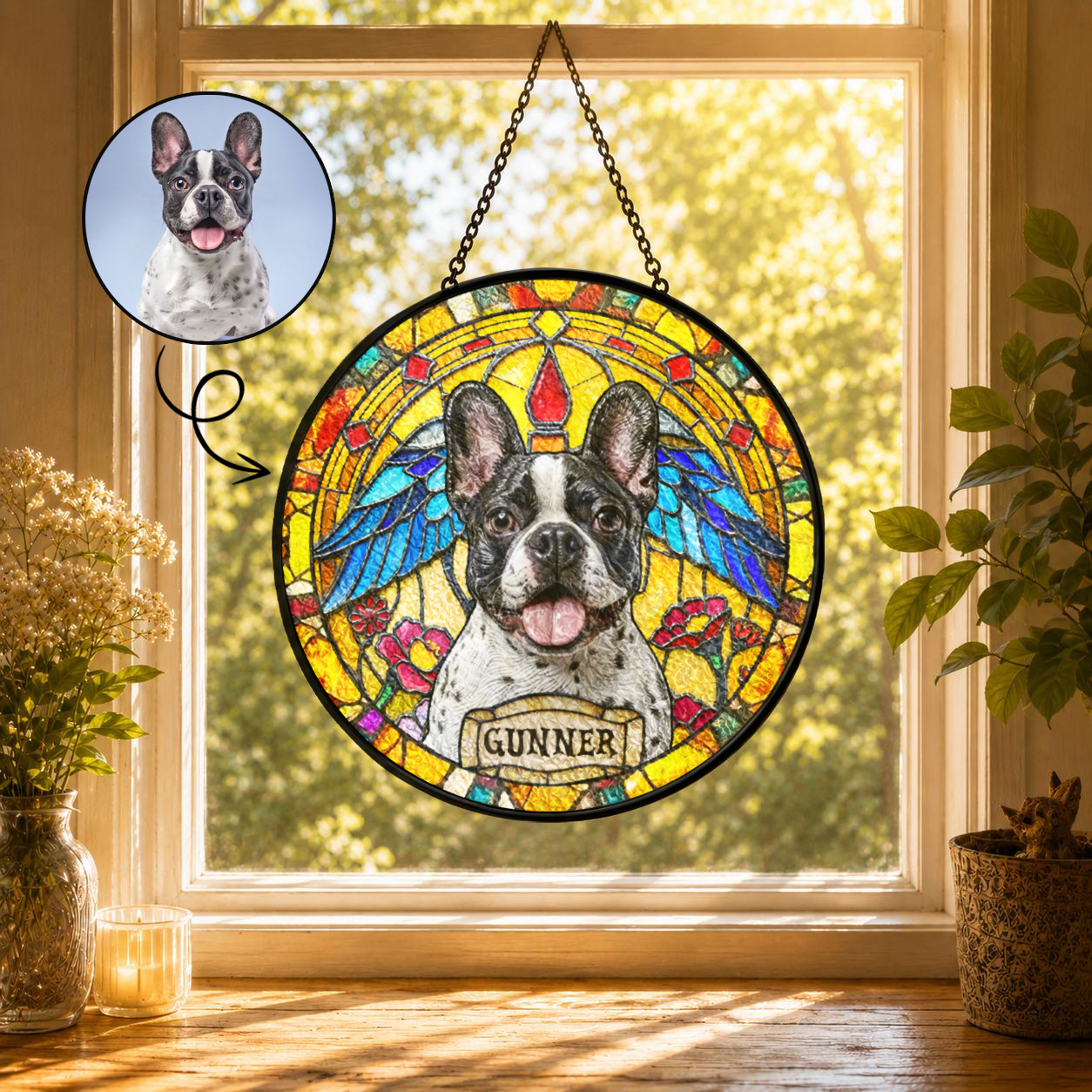 Personalized Dog Portrait Stained Glass Suncatcher, Custom Pet Memorial Gift for Dog Lovers