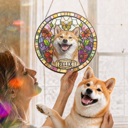 Personalized Pet Portrait Stained Glass Suncatcher, Custom Gift for Dog Lovers