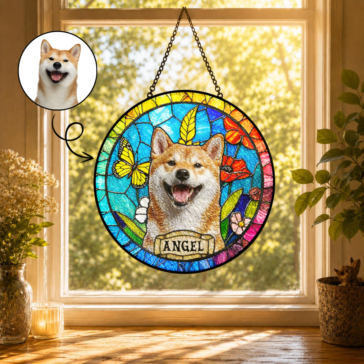 Custom Dog Portrait Stained Glass Suncatcher, Personalized Pet Window Decor Gift for Dog Lovers