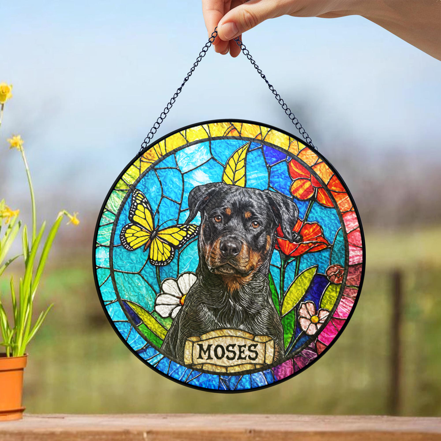 Custom Dog Portrait Stained Glass Suncatcher, Personalized Pet Window Decor Gift for Dog Lovers