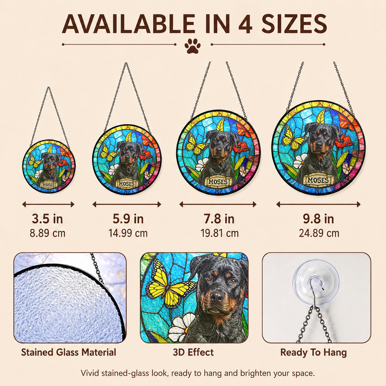Custom Dog Portrait Stained Glass Suncatcher, Personalized Pet Window Decor Gift for Dog Lovers