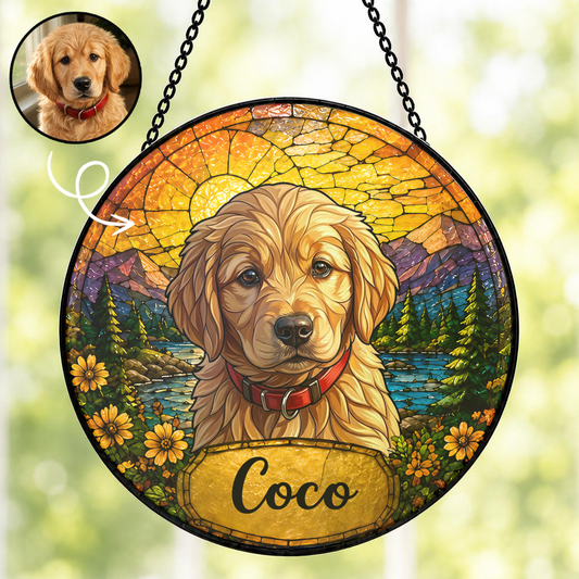 Personalized Dog Portrait Stained Glass Suncatcher, Custom Pet Name Gift for Dog Lovers