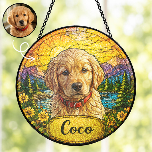 Personalized Dog Portrait Stained Glass Suncatcher, Custom Pet Name Gift for Dog Lovers