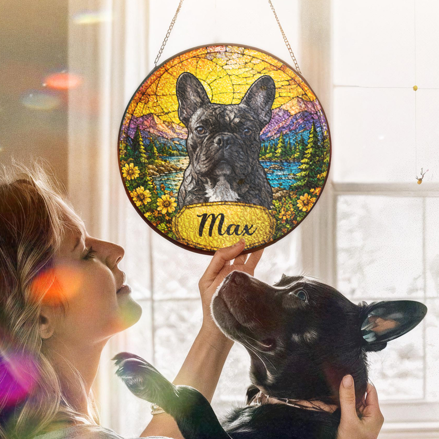 Personalized Dog Portrait Stained Glass Suncatcher, Custom Pet Name Gift for Dog Lovers
