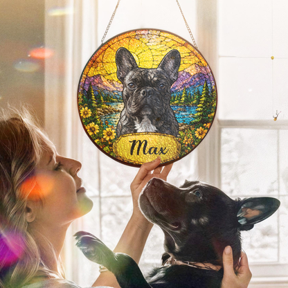 Personalized Dog Portrait Stained Glass Suncatcher, Custom Pet Name Gift for Dog Lovers