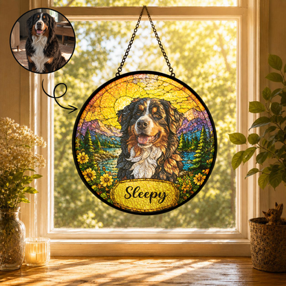 Personalized Dog Portrait Stained Glass Suncatcher, Custom Pet Name Gift for Dog Lovers