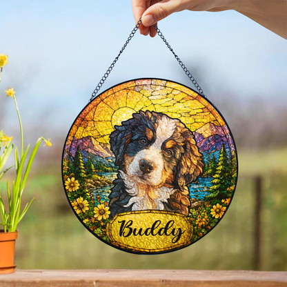 Personalized Dog Portrait Stained Glass Suncatcher, Custom Pet Name Gift for Dog Lovers