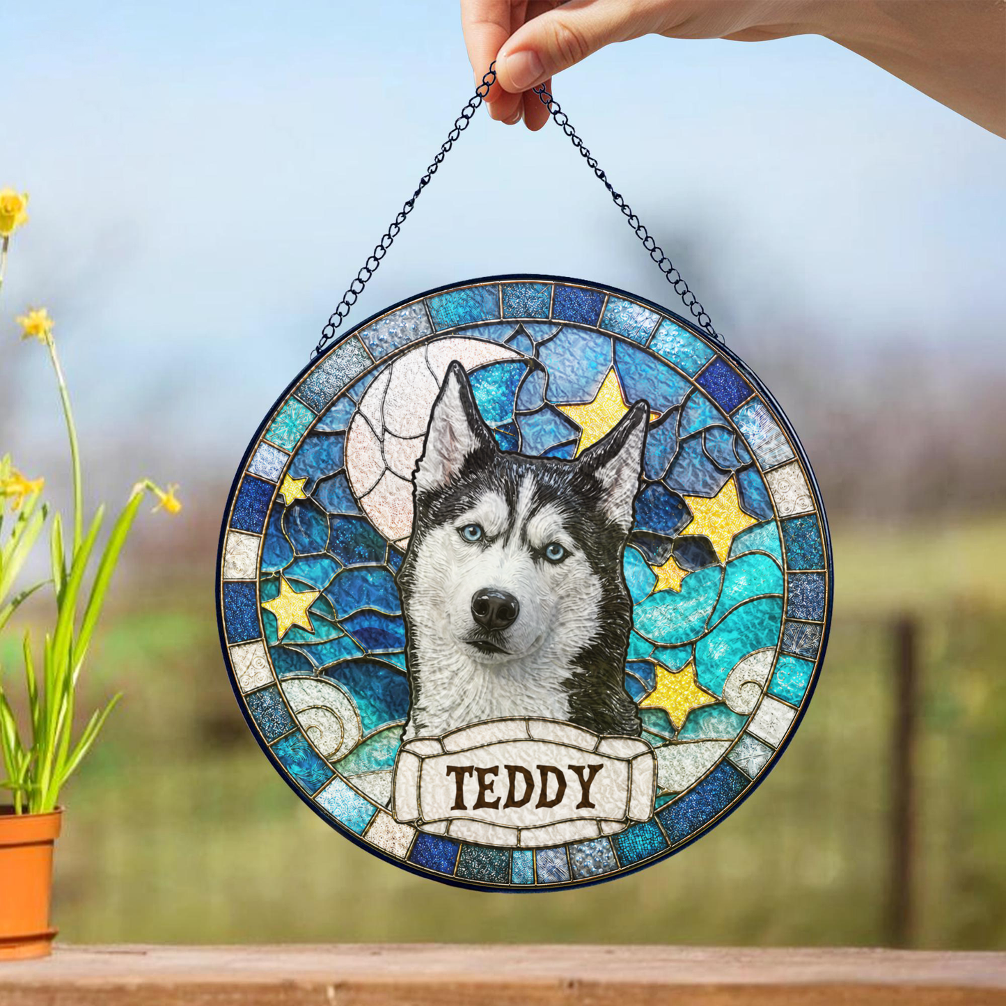 Personalized Pet Portrait Stained Glass Suncatcher, Custom Gift for Dog Lovers