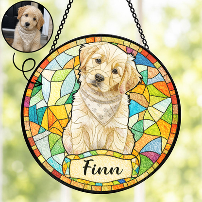 Personalized Dog Portrait Stained Glass Suncatcher, Custom Pet Photo Window Hanging, Gift for Dog Lovers
