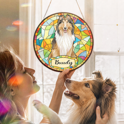 Personalized Dog Portrait Stained Glass Suncatcher, Custom Pet Photo Window Hanging, Gift for Dog Lovers