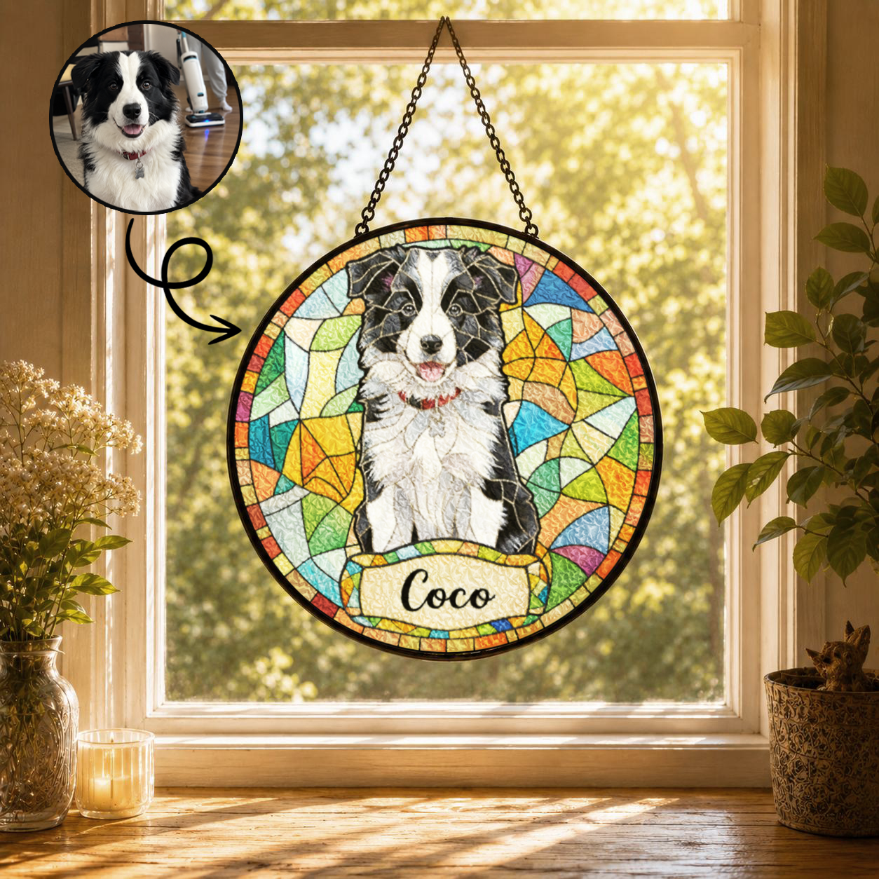 Personalized Dog Portrait Stained Glass Suncatcher, Custom Pet Photo Window Hanging, Gift for Dog Lovers