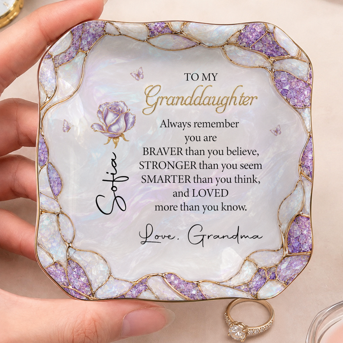 To My Granddaughter Personalized Birth Flower Ceramic Jewelry Dish, Custom Name Gift For Granddaughter