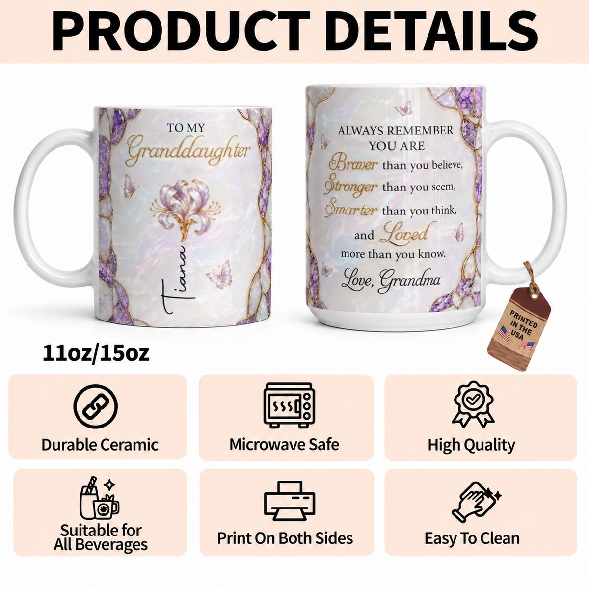 Personalisierte Geburtsblumen-Keramiktasse für meine Enkelin, individuelles Namensgeschenk für die Enkelin