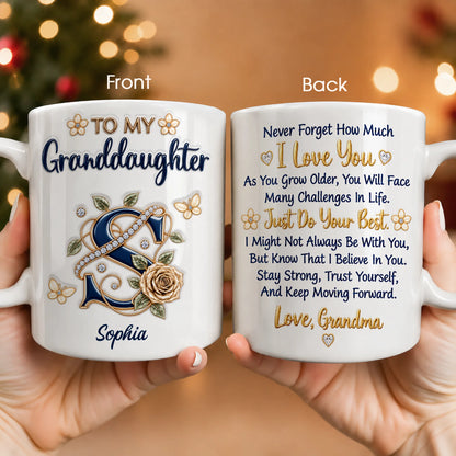 Personalized To My Granddaughter Navy Initial & Champagne Rose Ceramic Mug – Custom Name Gift from Grandma to Granddaughter