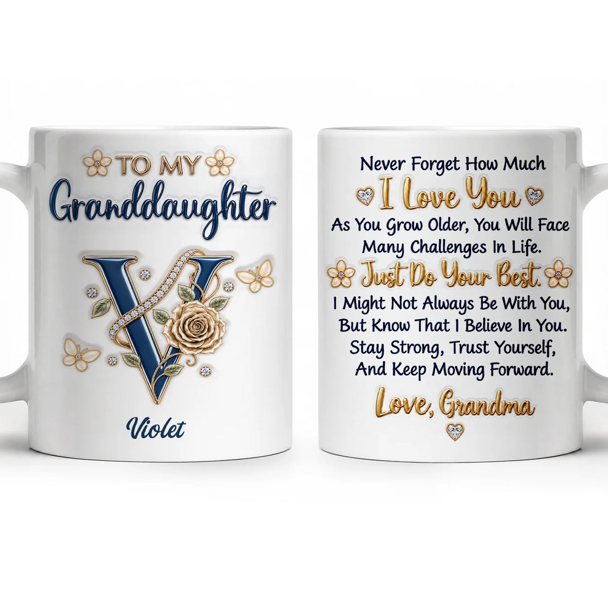 Personalized To My Granddaughter Navy Initial & Champagne Rose Ceramic Mug – Custom Name Gift from Grandma to Granddaughter