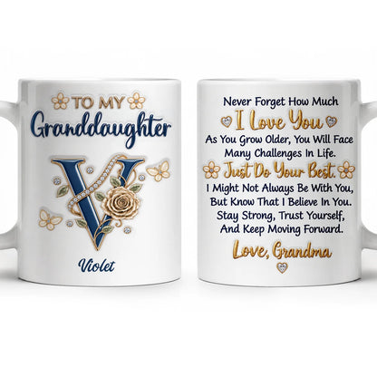 Personalized To My Granddaughter Navy Initial & Champagne Rose Ceramic Mug – Custom Name Gift from Grandma to Granddaughter