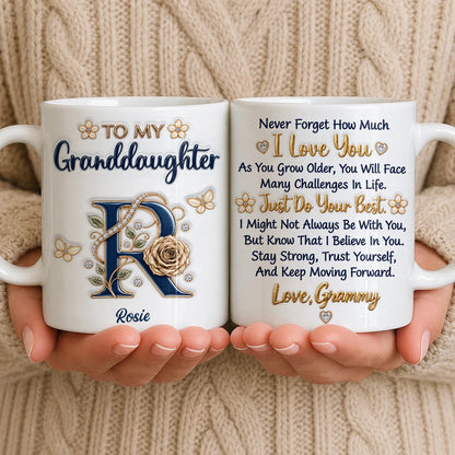 Personalized To My Granddaughter Navy Initial & Champagne Rose Ceramic Mug – Custom Name Gift from Grandma to Granddaughter