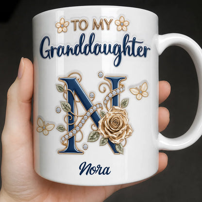 Personalized To My Granddaughter Navy Initial & Champagne Rose Ceramic Mug – Custom Name Gift from Grandma to Granddaughter