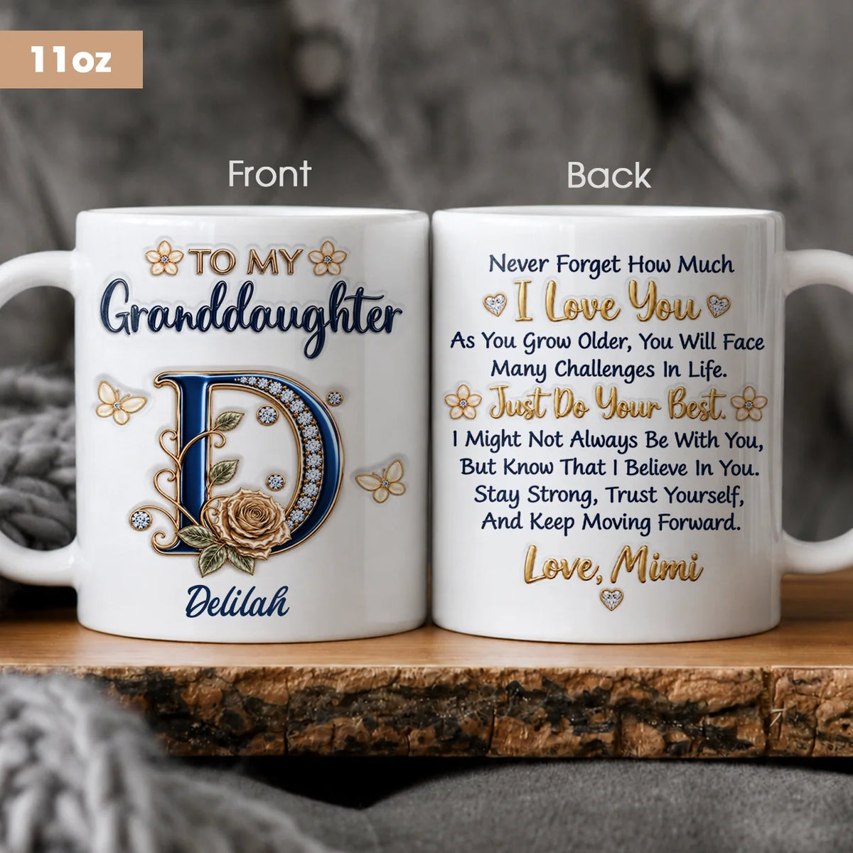 Personalized To My Granddaughter Navy Initial & Champagne Rose Ceramic Mug – Custom Name Gift from Grandma to Granddaughter