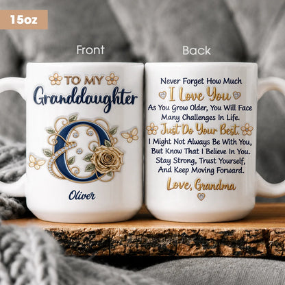 Personalized To My Granddaughter Navy Initial & Champagne Rose Ceramic Mug – Custom Name Gift from Grandma to Granddaughter